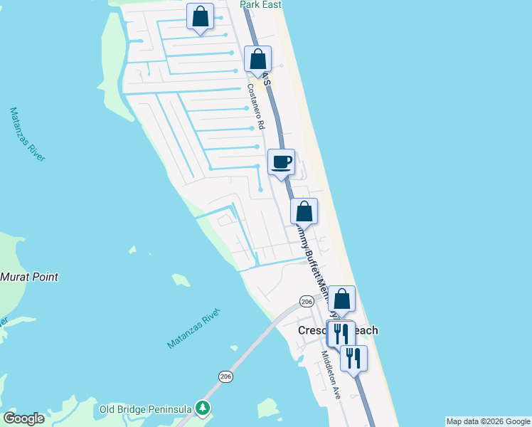 map of restaurants, bars, coffee shops, grocery stores, and more near 6428 Brevard Street in St. Augustine