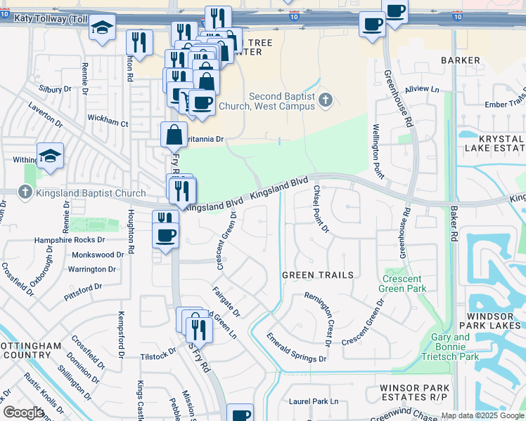 map of restaurants, bars, coffee shops, grocery stores, and more near 19611 Emerald Ridge Lane in Houston