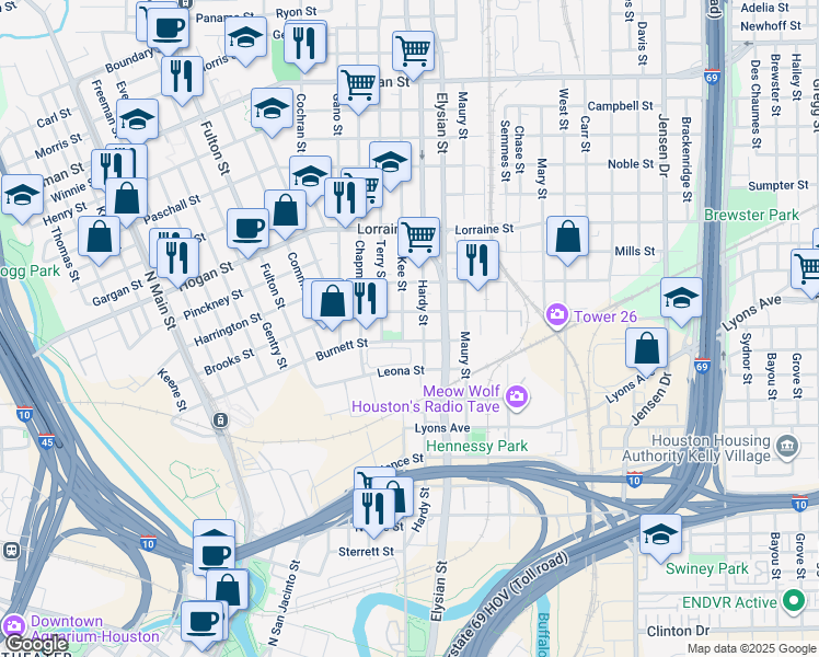 map of restaurants, bars, coffee shops, grocery stores, and more near 1508 McKee Street in Houston