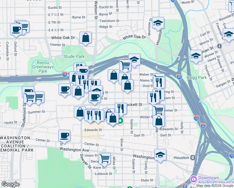 map of restaurants, bars, coffee shops, grocery stores, and more near 1907 Spring Street in Houston