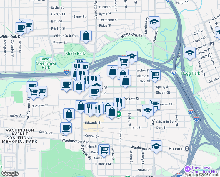 map of restaurants, bars, coffee shops, grocery stores, and more near in Houston