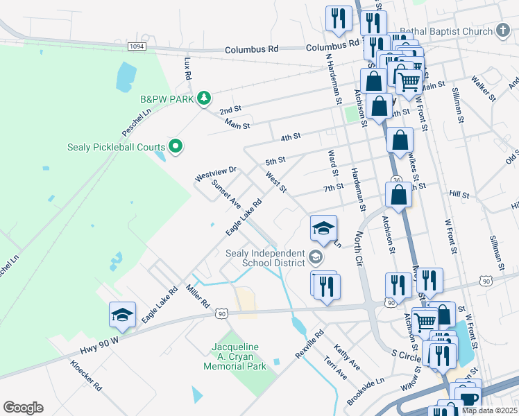 map of restaurants, bars, coffee shops, grocery stores, and more near 1008 Eagle Lake Road in Sealy