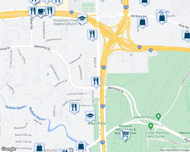 map of restaurants, bars, coffee shops, grocery stores, and more near 402 North Post Oak Lane in Houston