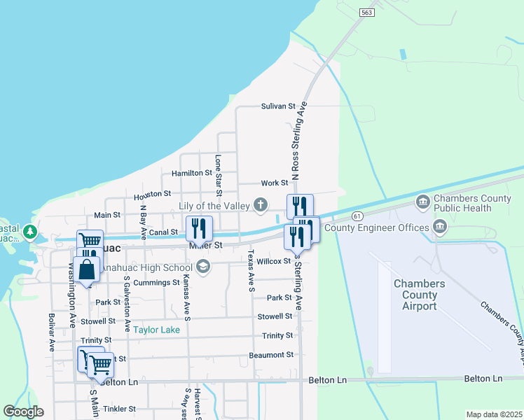 map of restaurants, bars, coffee shops, grocery stores, and more near 1247 North Main in Anahuac