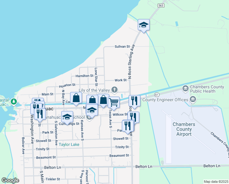 map of restaurants, bars, coffee shops, grocery stores, and more near 1247 North Main in Anahuac