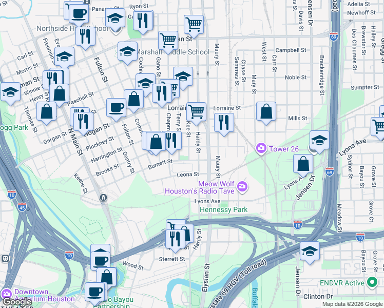 map of restaurants, bars, coffee shops, grocery stores, and more near 1508 McKee Street in Houston