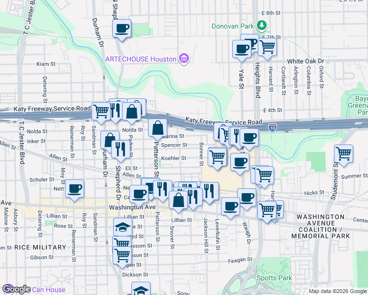 map of restaurants, bars, coffee shops, grocery stores, and more near 4306 Eigel Street in Houston