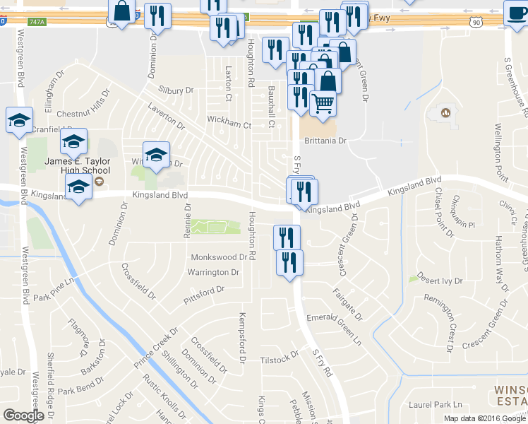 map of restaurants, bars, coffee shops, grocery stores, and more near 20115 Kingsland Blvd in Katy