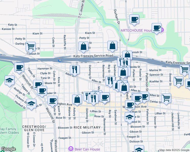 map of restaurants, bars, coffee shops, grocery stores, and more near 5232 Eigel Street in Houston