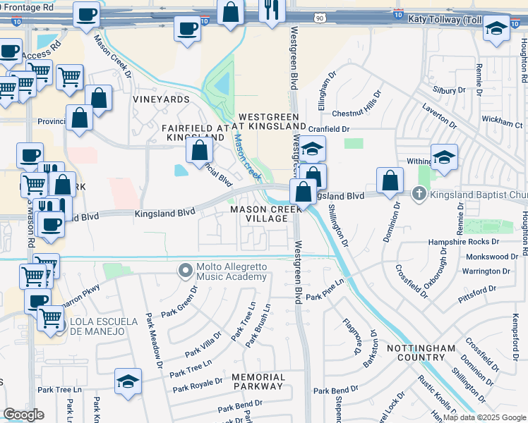 map of restaurants, bars, coffee shops, grocery stores, and more near 21007 Sun Creek Drive in Katy