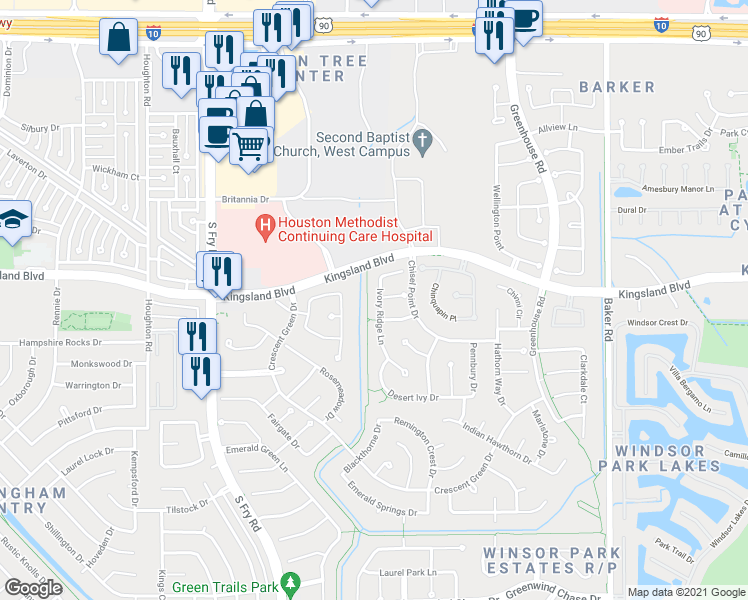 map of restaurants, bars, coffee shops, grocery stores, and more near 818 Ivory Ridge Lane in Houston