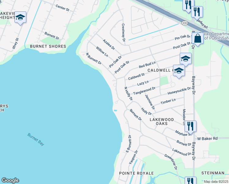 map of restaurants, bars, coffee shops, grocery stores, and more near 116 North Burnett Drive in Baytown