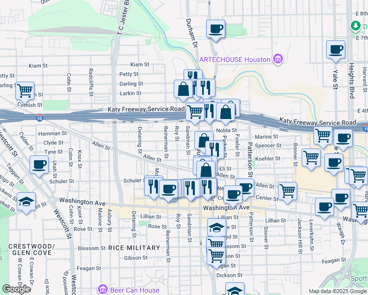 map of restaurants, bars, coffee shops, grocery stores, and more near 5008 Eigel Street in Houston