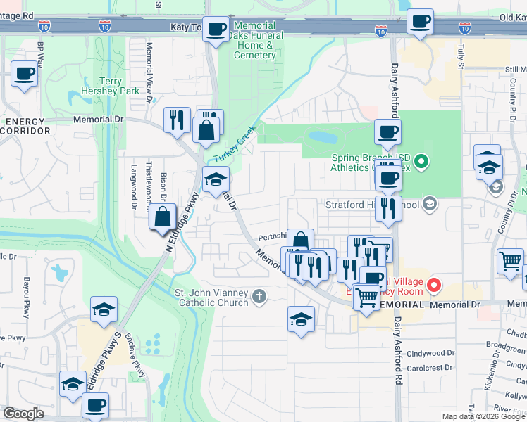 map of restaurants, bars, coffee shops, grocery stores, and more near 14915 Kimberley Lane in Houston