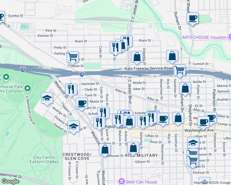 map of restaurants, bars, coffee shops, grocery stores, and more near 1537 Malone Street in Houston