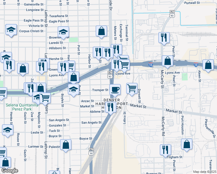 map of restaurants, bars, coffee shops, grocery stores, and more near 1401 North Wayside Drive in Houston