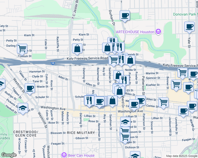 map of restaurants, bars, coffee shops, grocery stores, and more near 1604 Reinerman Street in Houston