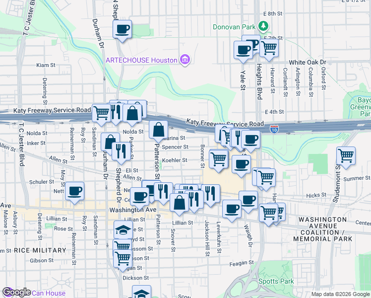 map of restaurants, bars, coffee shops, grocery stores, and more near 4306 Eigel Street in Houston