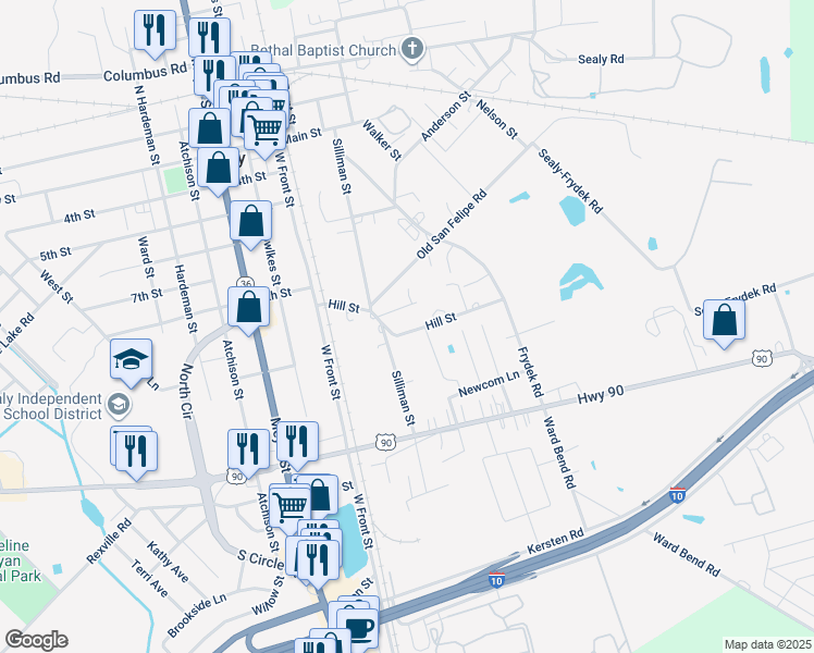 map of restaurants, bars, coffee shops, grocery stores, and more near 216 Hill Street in Sealy