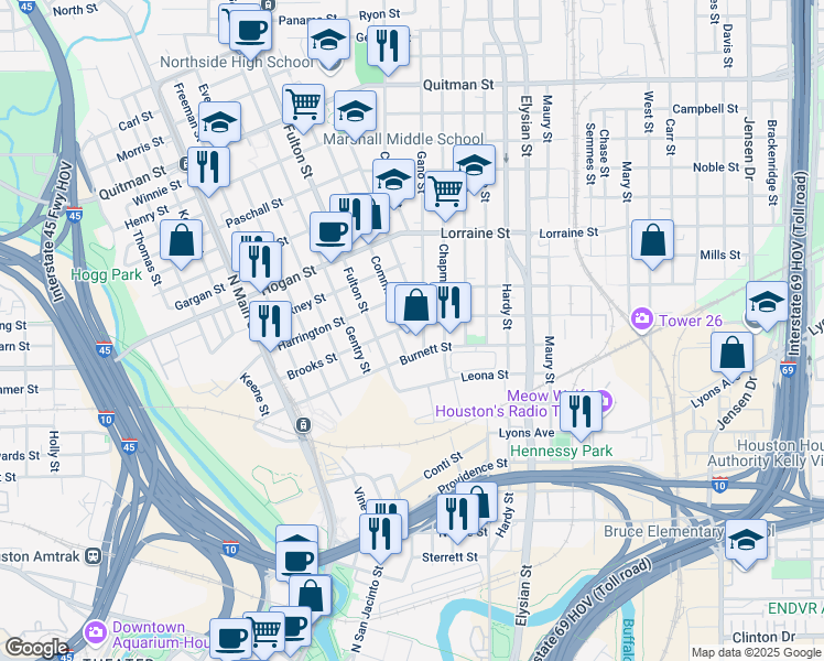 map of restaurants, bars, coffee shops, grocery stores, and more near 1206 Brooks Street in Houston