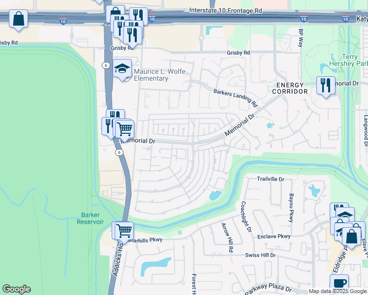 map of restaurants, bars, coffee shops, grocery stores, and more near 15825 Memorial Drive in Houston
