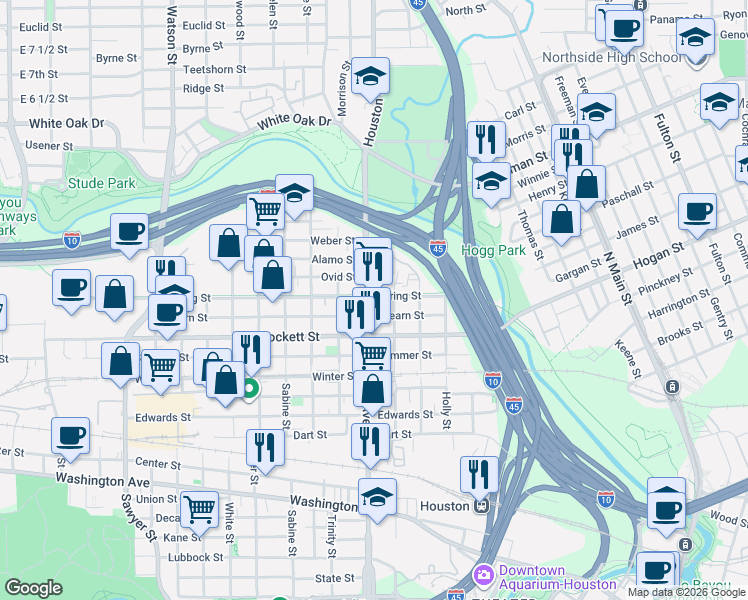 map of restaurants, bars, coffee shops, grocery stores, and more near 1919 Hickory Street in Houston