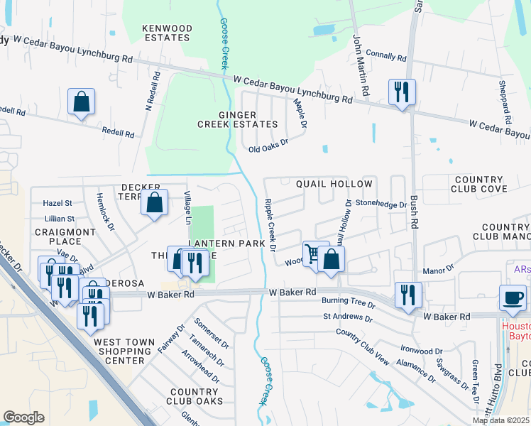 map of restaurants, bars, coffee shops, grocery stores, and more near 4808 Ripple Creek Drive in Baytown