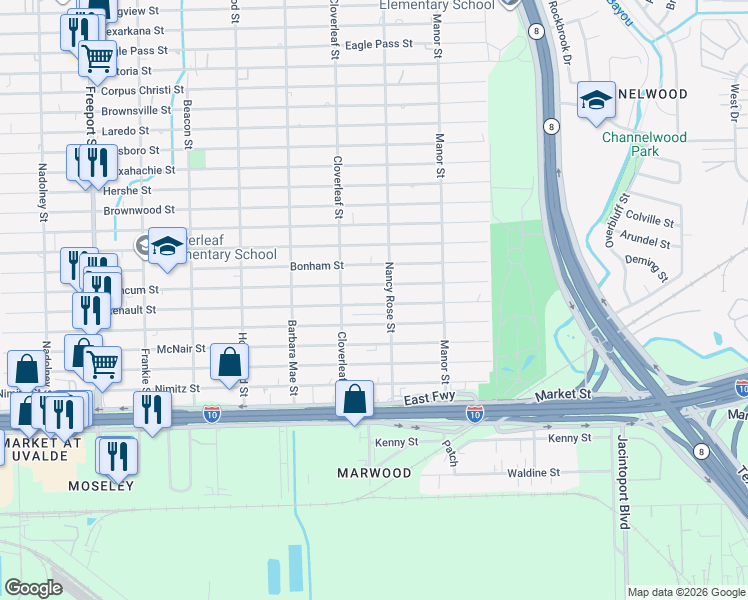 map of restaurants, bars, coffee shops, grocery stores, and more near 14439 Renault Street in Houston