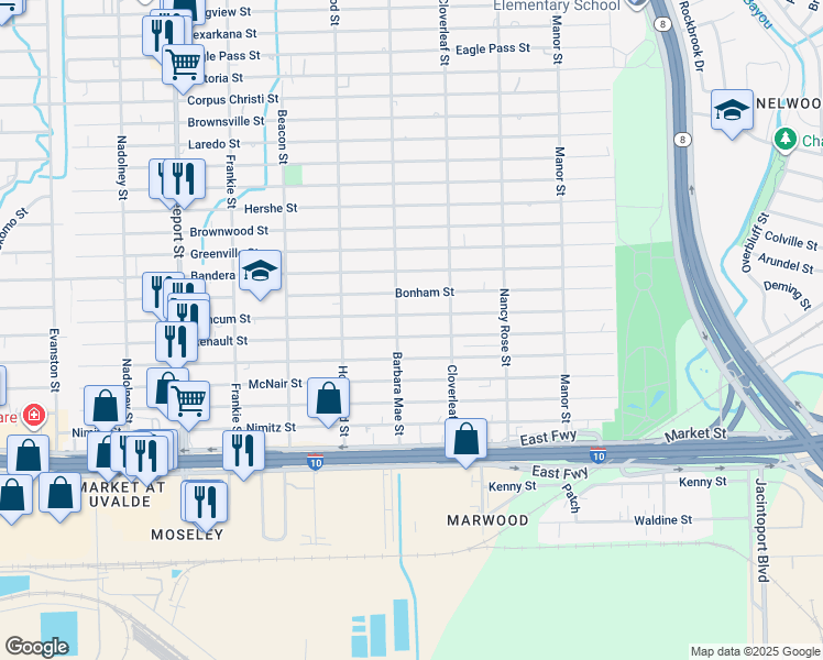 map of restaurants, bars, coffee shops, grocery stores, and more near 14303 Renault Street in Houston