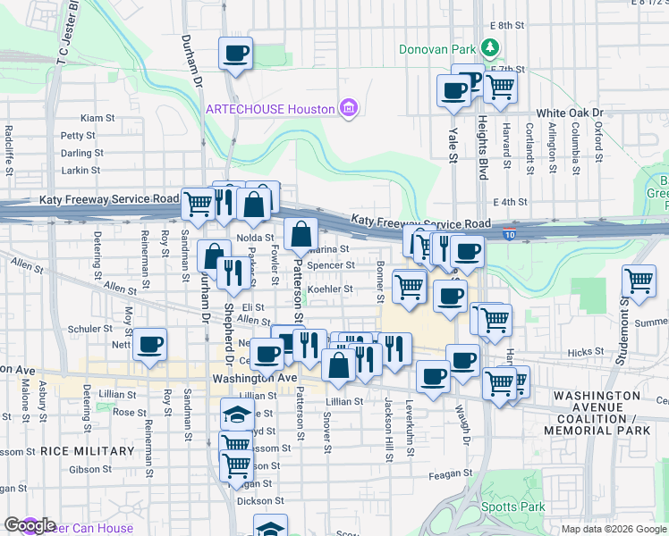 map of restaurants, bars, coffee shops, grocery stores, and more near 4306 Eigel Street in Houston