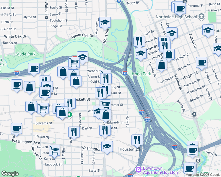 map of restaurants, bars, coffee shops, grocery stores, and more near 1919 Hickory Street in Houston