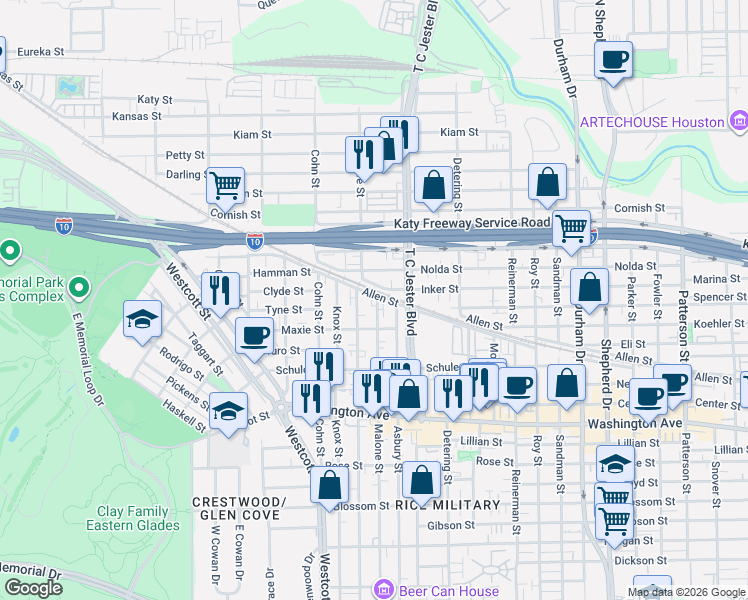 map of restaurants, bars, coffee shops, grocery stores, and more near 1537 Malone Street in Houston