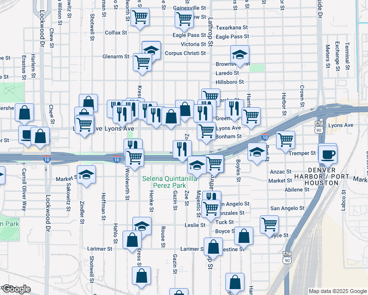 map of restaurants, bars, coffee shops, grocery stores, and more near 743 Gazin Street in Houston