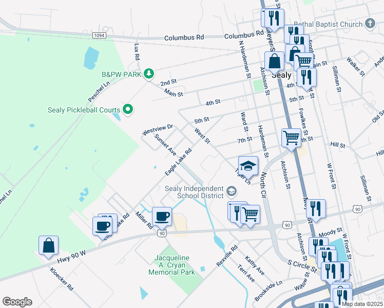 map of restaurants, bars, coffee shops, grocery stores, and more near 1008 Eagle Lake Road in Sealy