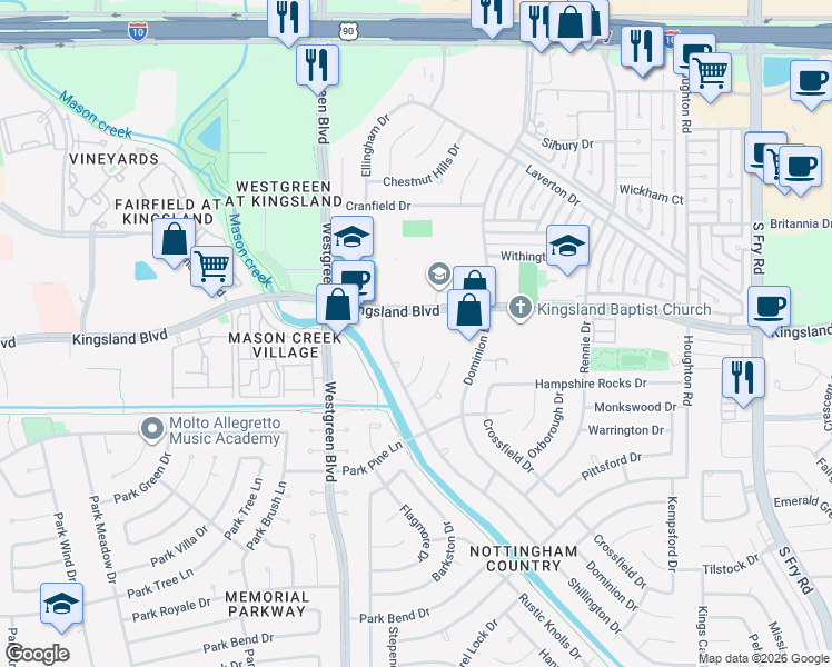 map of restaurants, bars, coffee shops, grocery stores, and more near 20775 Kingsland Boulevard in Katy