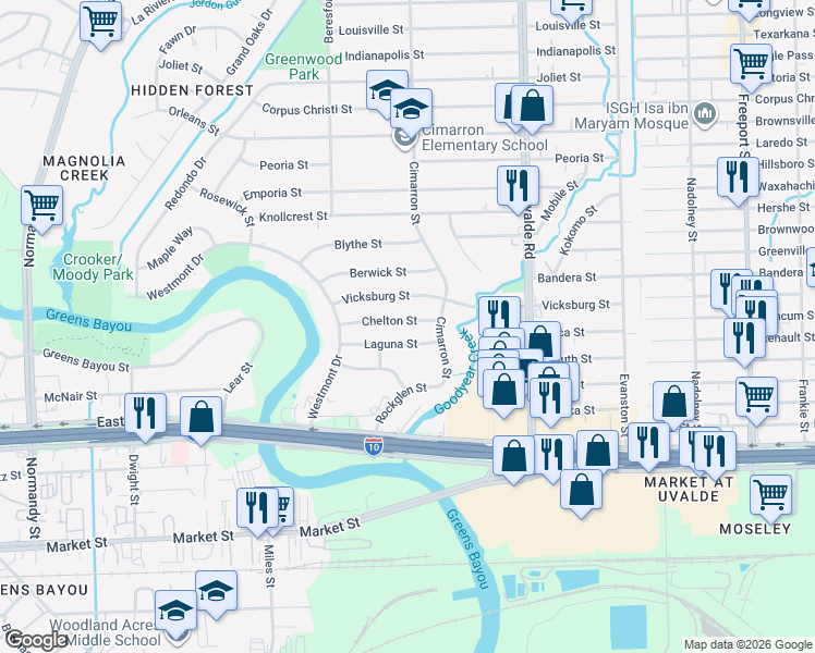 map of restaurants, bars, coffee shops, grocery stores, and more near 13222 Chelton Street in Houston