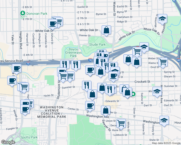 map of restaurants, bars, coffee shops, grocery stores, and more near 1901 Taylor Street in Houston