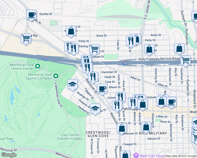 map of restaurants, bars, coffee shops, grocery stores, and more near 6205 Dell Street in Houston