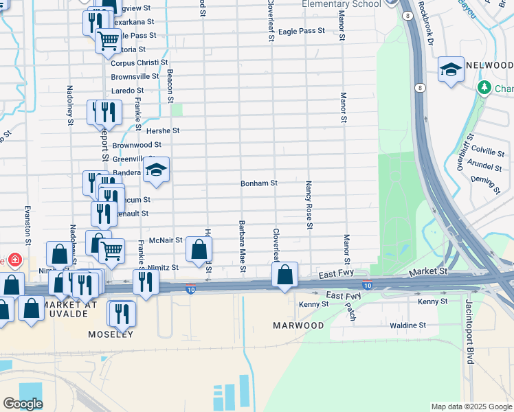 map of restaurants, bars, coffee shops, grocery stores, and more near 14303 Renault Street in Houston