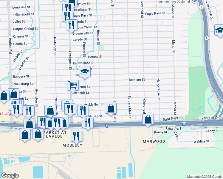 map of restaurants, bars, coffee shops, grocery stores, and more near 14149 Renault Street in Houston