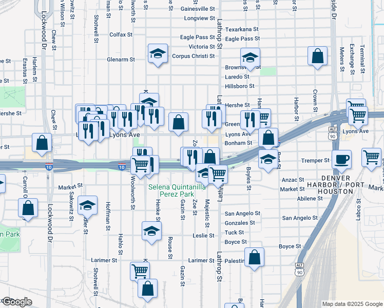 map of restaurants, bars, coffee shops, grocery stores, and more near 743 Gazin Street in Houston