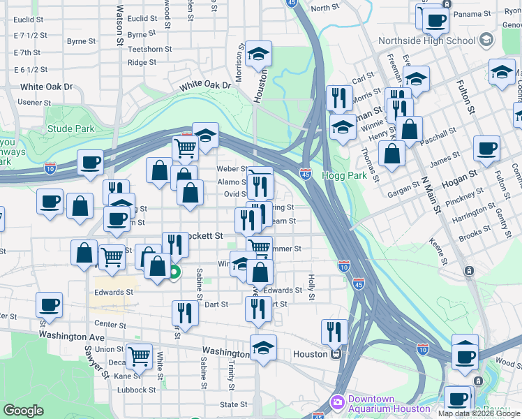 map of restaurants, bars, coffee shops, grocery stores, and more near 1919 Hickory Street in Houston