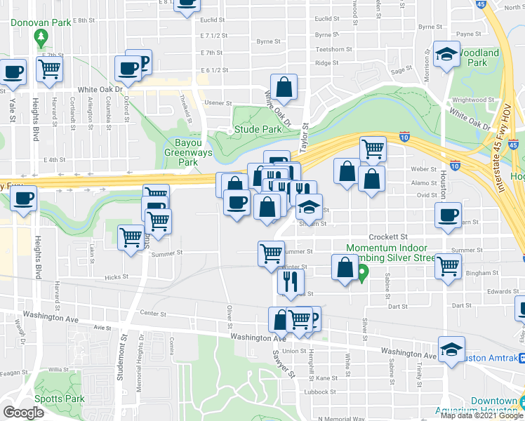 map of restaurants, bars, coffee shops, grocery stores, and more near 2424 Sawyer Heights Street in Houston
