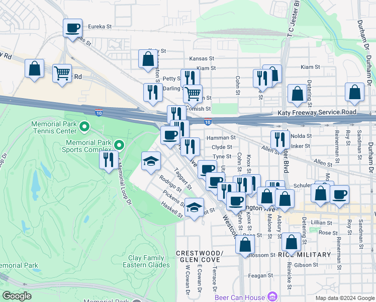 map of restaurants, bars, coffee shops, grocery stores, and more near 6427 Washington Avenue in Houston