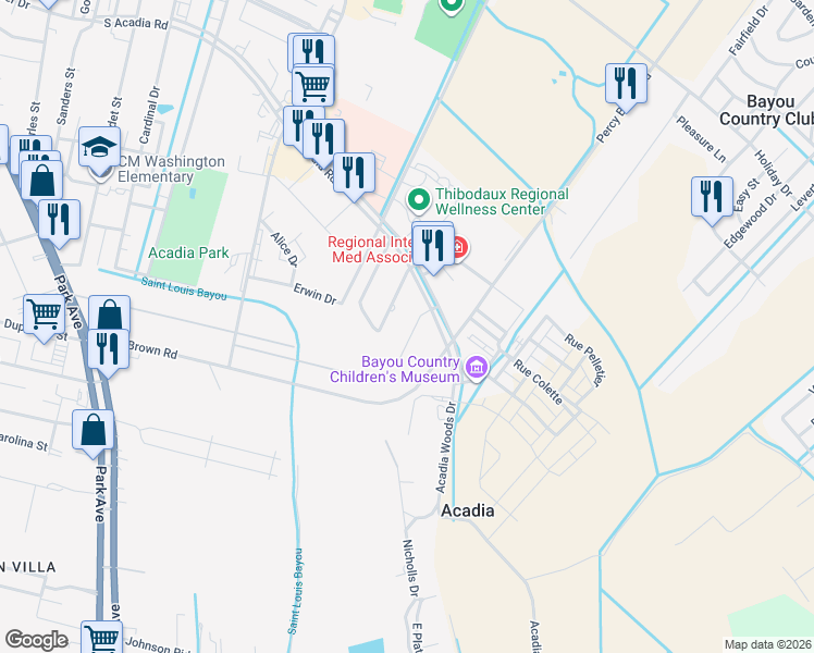 map of restaurants, bars, coffee shops, grocery stores, and more near 128 Rue Celeste in Thibodaux