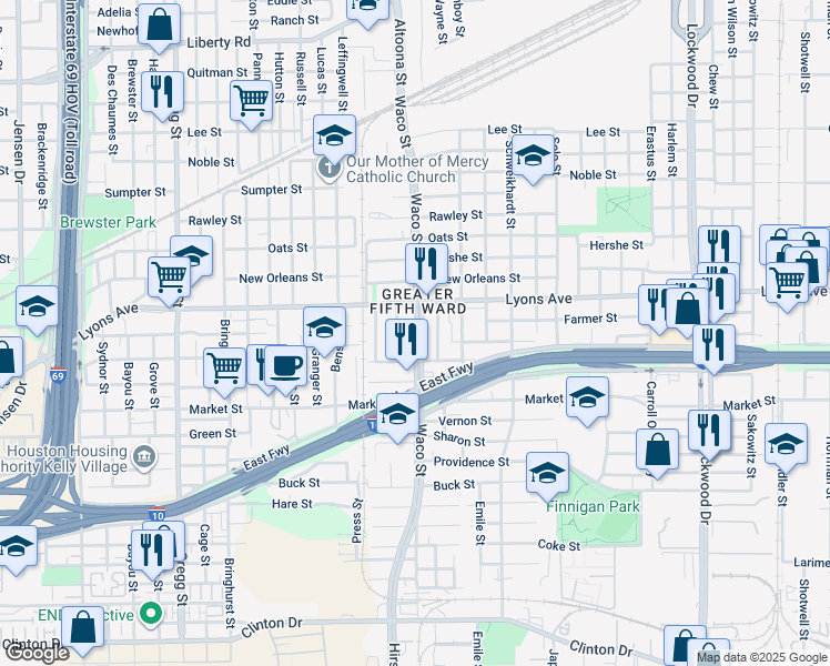 map of restaurants, bars, coffee shops, grocery stores, and more near 1503 Waco Street in Houston