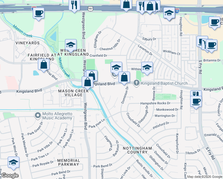 map of restaurants, bars, coffee shops, grocery stores, and more near 20775 Kingsland Boulevard in Katy