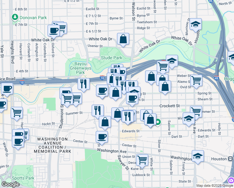 map of restaurants, bars, coffee shops, grocery stores, and more near Sawyer Heights Street in Houston