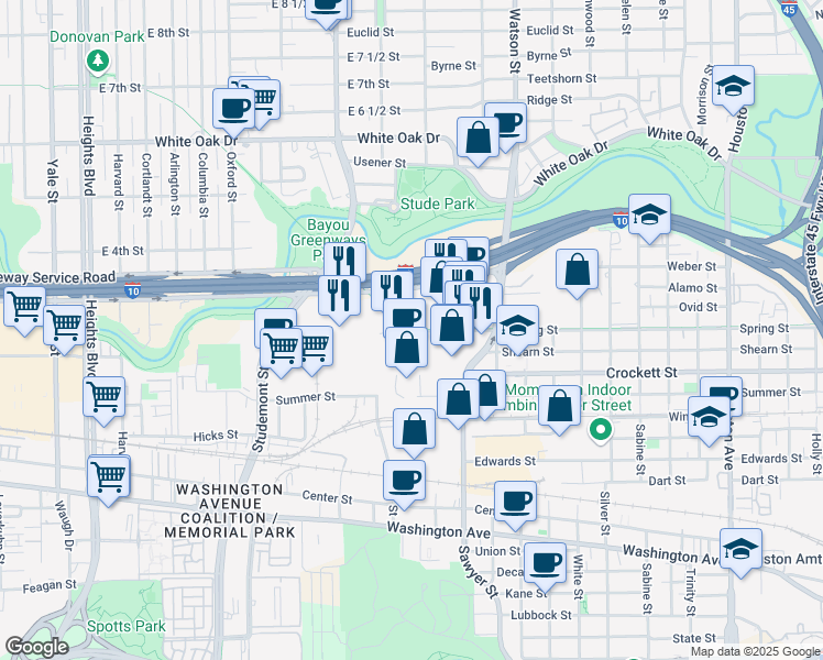 map of restaurants, bars, coffee shops, grocery stores, and more near 2425 Sawyer Heights Street in Houston
