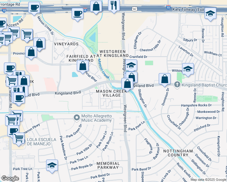 map of restaurants, bars, coffee shops, grocery stores, and more near 21007 Sun Creek Drive in Katy